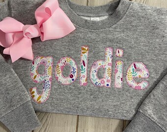 Girls Personalized Floral Applique Sweatshirt. Crewneck Appliqued Sweatshirt with Child's Name - Toddler Personalized Sweatshirt