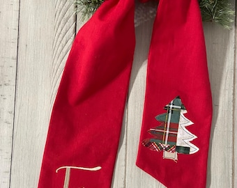 Patchwork Christmas Tree appliqued on Sash for Wreath -Christmas Sash Decor - Appliqued Patchwork Christmas Tree, Boxwood Wreath Sash
