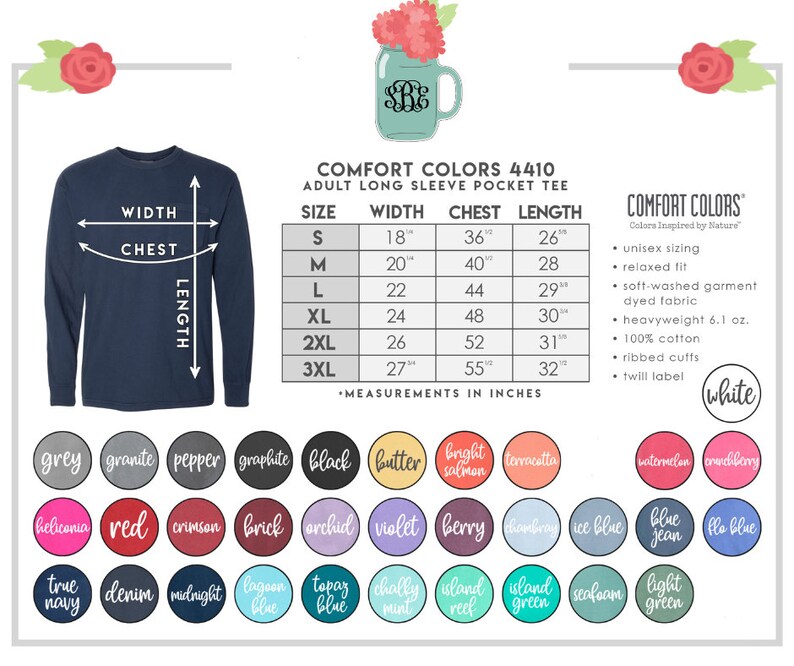 K&ouml;nnte beinhalten: Eine Tabelle mit den Gr&ouml;&szlig;enangaben f&uuml;r ein Langarm-T-Shirt mit Tasche. Die Tabelle enth&auml;lt die Ma&szlig;e f&uuml;r Breite, Brustumfang und L&auml;nge in Zoll f&uuml;r die Gr&ouml;&szlig;en S, M, L, XL, 2XL und 3XL. Die Tabelle ist mit "Comfort Colors 4410 Adult Long Sleeve Pocket Tee" beschriftet. Unter der Tabelle befindet sich eine Farbpalette mit 30 verschiedenen Farbm&ouml;glichkeiten.