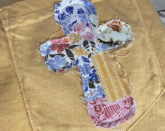 Appliqued embroidered Raggy Cross - Vintage Floral Patchwork Fabric - Cross on Tee, Sweatshirt, Comfort Colors, Various Sleeve lengths