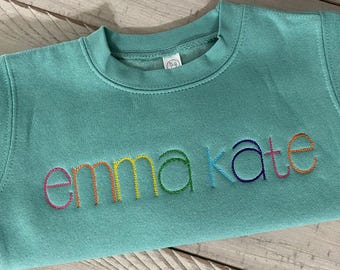 Toddlers Personalized Embroidered Sweatshirt - Chainstitch Rainbow Embroidery - Crewneck Sweatshirt with Child's Name - Variety of colors