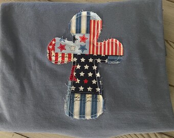 Patchwork Embroidered Raggy Cross - Red, White and Blue Patchwork Fabric - Cross on T-shirt, Sweatshirt, Comfort Colors, USA Shirts