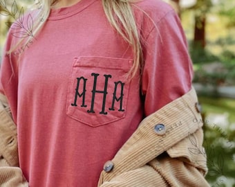 Monogrammed Comfort Colors T-Shirt – Embroidered Initial Pocket Tee - Initials on Pockets - Pigment Dye T-shirts - Vintage Shirts