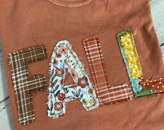 FALL COMFORT COLORS Embroidered Raggy - Appliqué Raggy Fall - Simple Fall T-Shirt - Minimal Fall Long Sleeve T-Shirt - Fall Fabric Applique