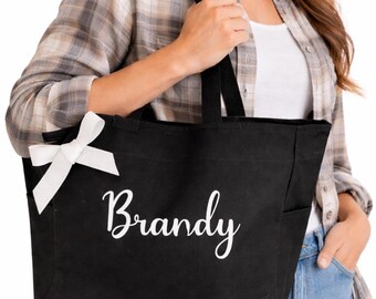 Personalized Zippered Tote, Tote with pockets, Embroidered Name on Tote, Black Tote for Teachers, Totes for Co-workers, Weekend bag