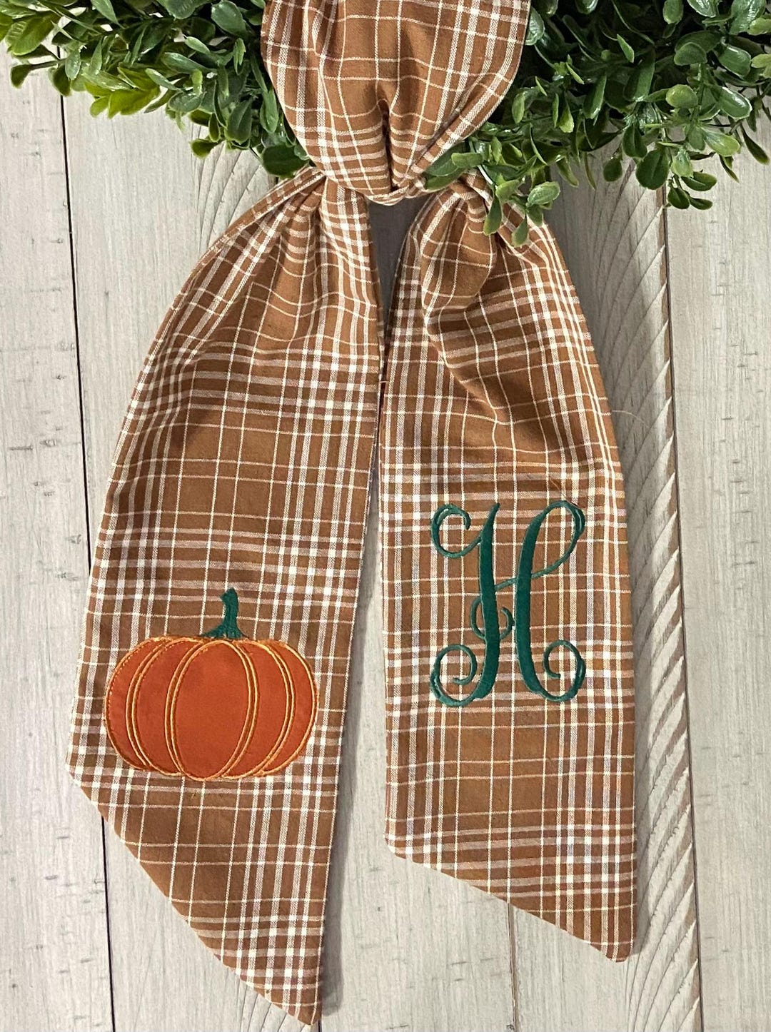 FALL WREATH SASH with Appliqued Pumpkin and Monogram - Decor for Front Door - Thanksgiving Sash - Ready to ship - Boxwood Wreath Sash