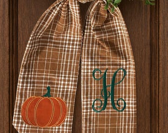 Wreath Sash - Fall Spice Sash with Embroidered Pumpkin - Decor for Front Door Thanksgiving Sash with Monogram, Boxwood Wreath Sash