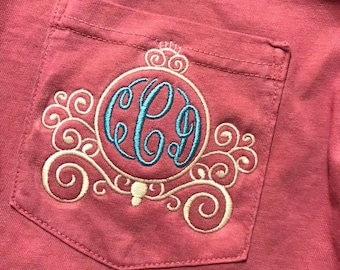 Embroidered Princess Carriage Monogram Comfort Colors Pocket T-Shirt