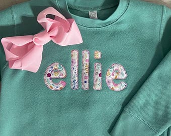 Girls Personalized Floral Applique Sweatshirt - Crewneck Appliqued Sweatshirt with Child's Name - Toddler Custom Sweatshirt