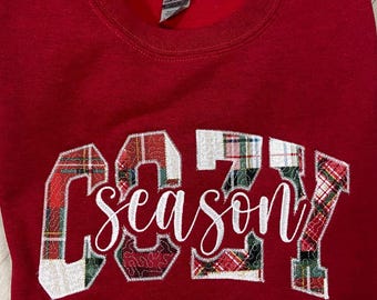PATCHWORK Cozy Season APPLIQUE with quilting, Embroidered Sweatshirt for Christmas, Cozy Season Sweatshirt, Christmas Patchwork Sweatshirt