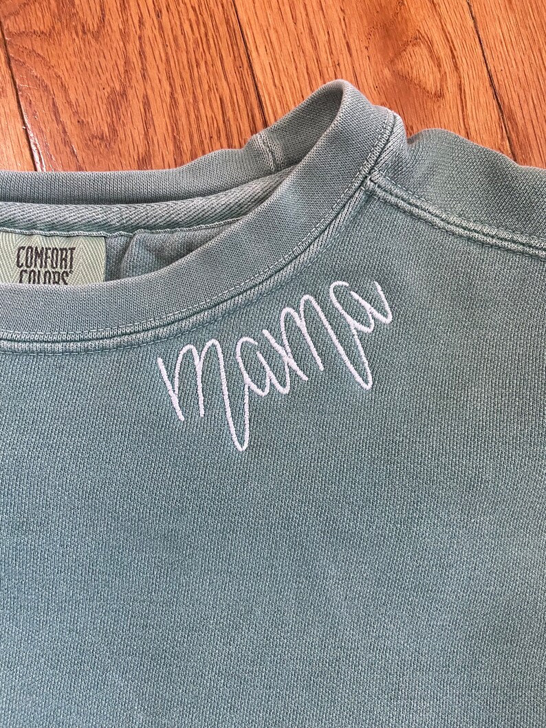 K&ouml;nnte beinhalten: Ein hellblauer Pullover mit dem Wort "mamma" in wei&szlig; auf der Vorderseite gestickt.