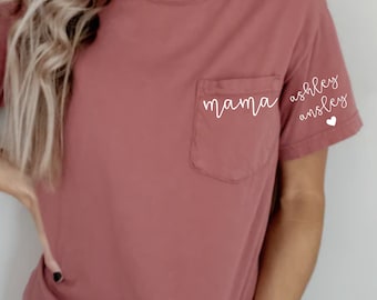 Mama Shirt with Children Name on Sleeve| Comfort Colors| Pocket Mama Shirt| Short Sleeve | Kids Names | Mama on Pocket | Gift for her