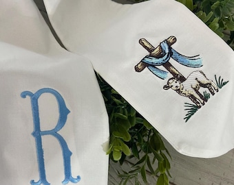 EASTER WREATH SASH with Embroidered Cross, Lame and Initial, Decor for Front Door, Religious Sash - Ready to ship, Boxwood Wreath Sash