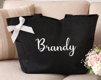 Personalized Zippered Tote, Tote with pockets, Embroidered Name on Tote, Black Tote for Bridesmaids, Teachers, or co-workers, Weekend bag