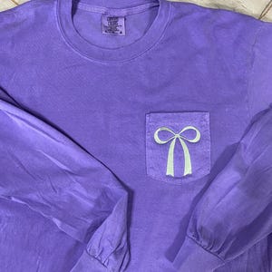 Embroidered Bow Comfort Color Pocket Tee - Embroidered Coquette Bow Tee - Trendy Bow Tshirt - Dainty Bow Tshirt - Gift for Her - Girly Shirt