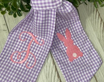 SPRING or EASTER SASH for wreath with embroidered bunny, Boxwood Wreath Sash, Plaid Summer Wreath Sash, Purple Gingham Cotton, Ready to ship