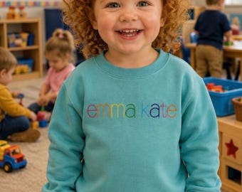 Toddlers Personalized Embroidered Sweatshirt - Chainstitch Rainbow Embroidery - Crewneck Sweatshirt with Child's Name - Variety of colors