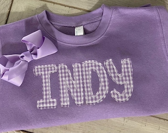 Toddlers Personalized Gingham Applique Sweatshirt - Raggy Applique - Crewneck Sweatshirt with Child's Name - Variety of colors