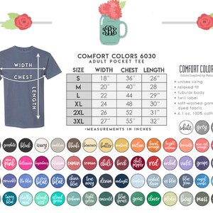 K&ouml;nnte beinhalten: Eine Gr&ouml;&szlig;entabelle f&uuml;r ein T-Shirt mit einer Tasche. Die Tabelle zeigt die Ma&szlig;e f&uuml;r Breite, Brustumfang und L&auml;nge in Zoll f&uuml;r die Gr&ouml;&szlig;en S bis 3XL. Die Tabelle ist mit "Comfort Colors 6030 Adult Pocket Tee" beschriftet.