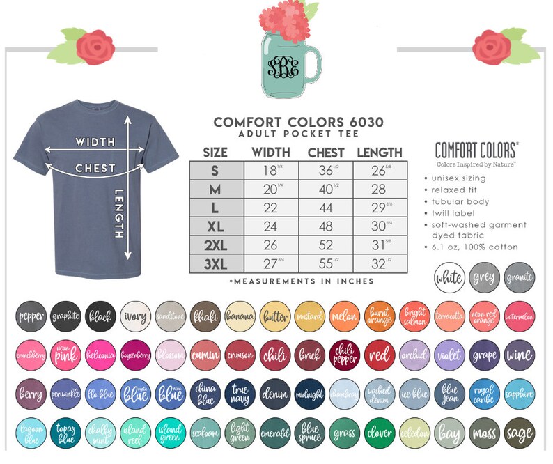 K&ouml;nnte beinhalten: Eine Gr&ouml;&szlig;entabelle f&uuml;r ein T-Shirt mit einer Tasche. Die Tabelle zeigt die Ma&szlig;e f&uuml;r Breite, Brustumfang und L&auml;nge in Zoll f&uuml;r die Gr&ouml;&szlig;en S bis 3XL. Die Tabelle ist mit "Comfort Colors 6030 Adult Pocket Tee" beschriftet.