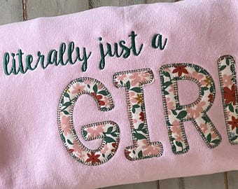 Girly Sweatshirt - Embroidered and Appliqued Pink Crewneck Sweatshirt - Pink Sweatshirt for Girls - Unisex Sizing - Soft Fleece Sweatshirt