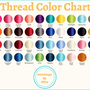 K&ouml;nnte beinhalten: Eine Farbkarte mit 36 verschiedenen Stickgarnfarben. Die Farben sind in Reihen und Spalten angeordnet. Die Karte tr&auml;gt den Titel "Thread Color Chart" und enth&auml;lt den Namen jeder Farbe.