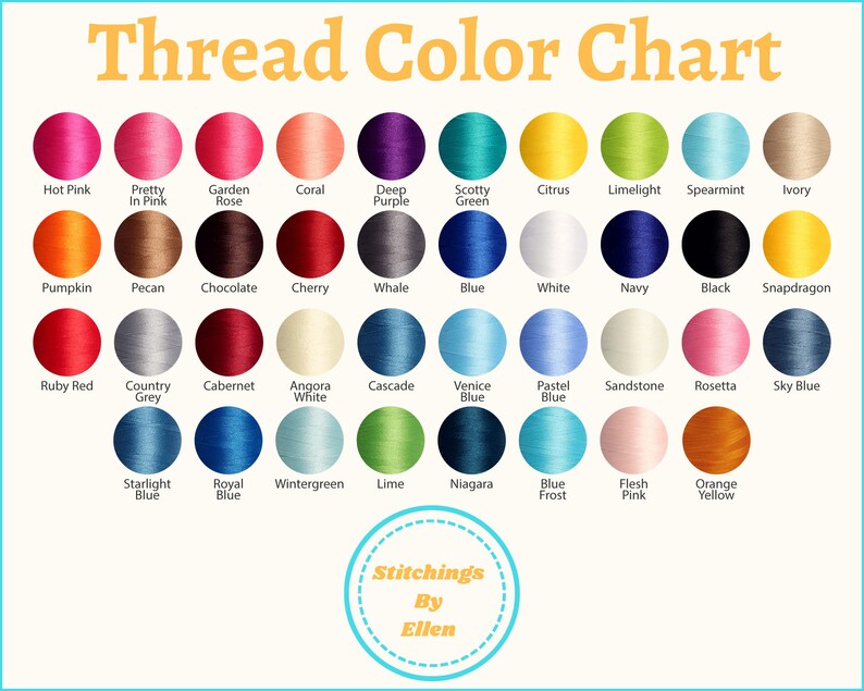 K&ouml;nnte beinhalten: Eine Farbkarte mit 36 verschiedenen Stickgarnfarben. Die Farben sind in Reihen und Spalten angeordnet. Die Karte tr&auml;gt den Titel "Thread Color Chart" und enth&auml;lt den Namen jeder Farbe.