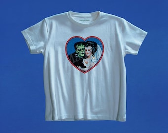 Retro Frankenstein Monster Couple Heart Graphic Tee, Vintage Horror Baby Top