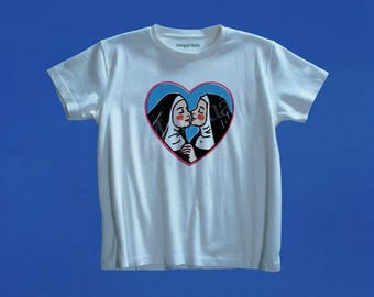 Two Nuns Kissing Graphic Tee, Retro Romance Shirt, Vintage Love Baby Tee, Best Friend Gift, Alt Girl Shirt, Dark Romance Top, Y2K Aesthetic