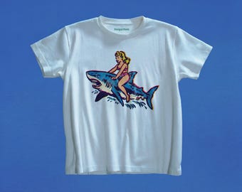 Pin Up Shark Graphic Tee, Retro Ocean Rider Shirt, Vintage Beach Baby Tee, Funny Shark Gift, Alt Girl Shirt, Surf Graphic Top