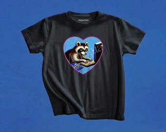 Raccoon Computer Meme Graphic Baby Tee, Funny Snack Lover Fitted Tee, Retro Weirdcore Aesthetic, Quirky Gift Crop Top