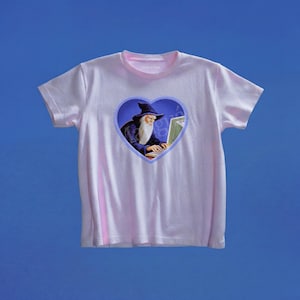May include: A light pink short-sleeve t-shirt featuring a central heart-shaped graphic. Inside the heart, a wizard with a long white beard and a dark blue pointed hat is depicted typing on a computer keyboard against a dark blue background.