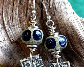 Fine Silver, Dark Blue Organic Lampwork Glass Earrings Jewelry Handmade by Judy