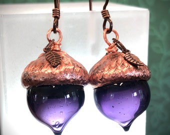 Purple Hollow Lampwork Glass and Copper Acorn Earrings, Jewelry Handmade by Judy