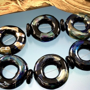 Black and Shimmering Donut Shaped Silver Glass Lampwork Beads For Bracelet/Necklace Jewelry Supplies by Judy image 1