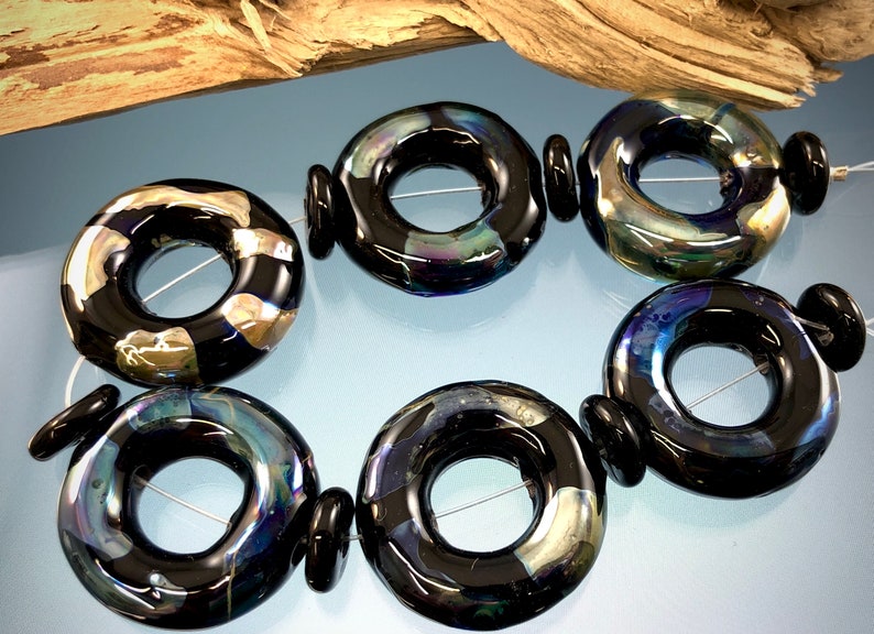 Black and Shimmering Donut Shaped Silver Glass Lampwork Beads For Bracelet/Necklace Jewelry Supplies by Judy image 1