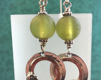 Lampwork Glass Earrings with Copper and Silver Dangle, Jewelry Supplies Handmade by Judy