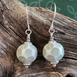 Lampwork Glass Earrings, White with Gray Dots, Jewelry Handmade by Judy image 1