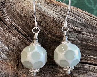 Lampwork Glass Earrings, White with Gray Dots, Jewelry Handmade by Judy