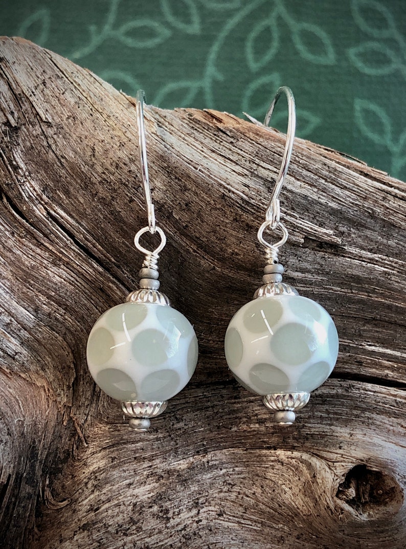 Lampwork Glass Earrings, White with Gray Dots, Jewelry Handmade by Judy image 1