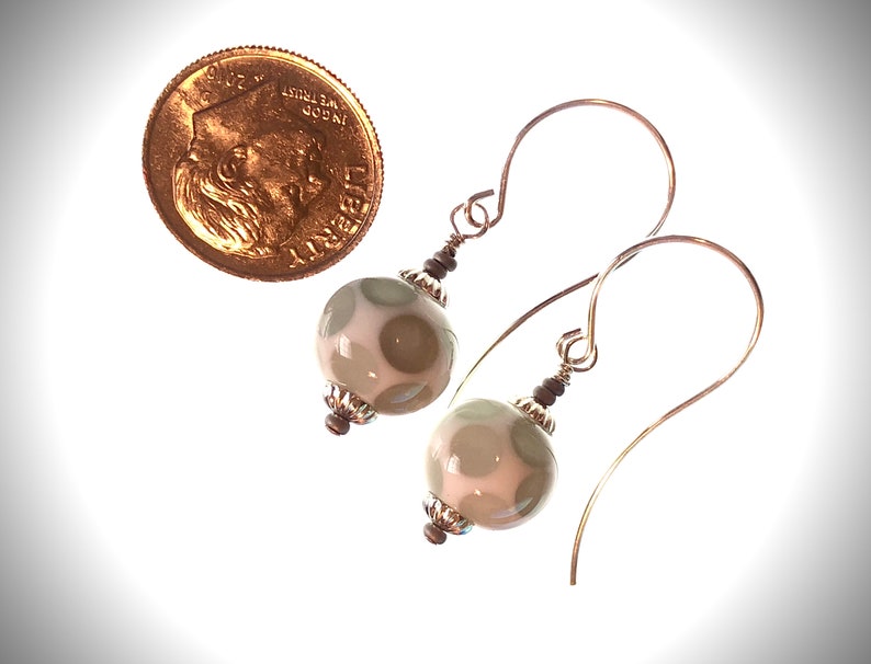 Lampwork Glass Earrings, White with Gray Dots, Jewelry Handmade by Judy image 2