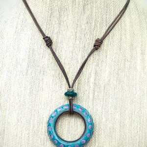 Lampwork Disc Necklace on Adjustable Brown Leather Cord in Organic Shades of Turquoise with Pink and Purple Accents. image 2