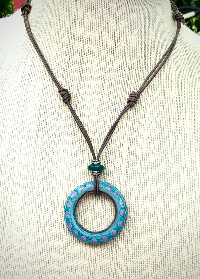 Lampwork Disc Necklace on Adjustable Brown Leather Cord in Organic Shades of Turquoise with Pink and Purple Accents. image 2