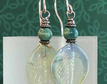 Iridescent Pale Green Leaf Lampwork Glass Earrings Jewelry Handmade by Judy