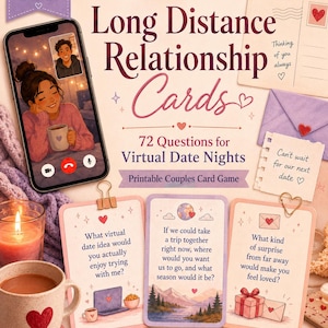 Kaartspel voor langeafstandsrelaties, printbaar kaartspel voor stellen, vragen voor een virtuele date-avond, digitale pdf