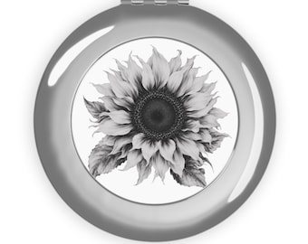 Svartvit kompakt resespegel med solros | Blommig fickspegel
