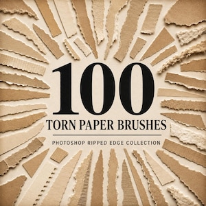 Op de afbeelding: Een collectie van 100 gescheurde papieren penselen gerangschikt in een radiaal patroon rond de gecentreerde zwarte tekst 100 TORN PAPER BRUSHES PHOTOSHOP RIPPED EDGE COLLECTION. De papieren stroken hebben verschillende tinten beige en bruin.