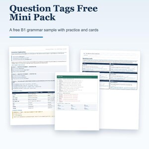 Puede incluir: Un recurso educativo digital titulado Question Tags Free Mini Pack de ClearEnglishPractice. El documento incluye una página de explicación gramatical, una hoja de ejercicios y tarjetas de conversación, marcadas con el nivel CEFR B1.