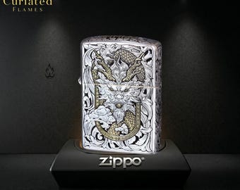 Ornate Silver Dragon Windproof Lighter, Engraved Scrollwork with Coiling Vine Details, Polished Collectible Display Gift for Collectors