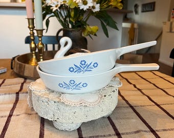 A set of Cornflower Blue P-83-B skillets or saucepans